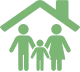 icône verte pour la famille montrant une famille de 3 personnes sous un toit